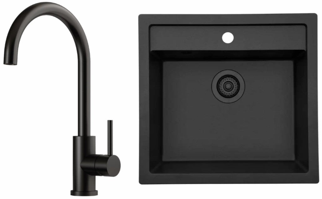Komposit vask m. sort afløb + Kubus 140 RS Round køkkenarmatur i PVD sort