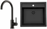 Komposit vask m. sort afløb + Kubus 140 RS Round køkkenarmatur i PVD sort