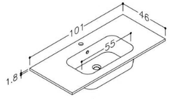 Nordskab badbordplade i porcelæn - bredde 101 cm x dybde 46 cm med hanehul