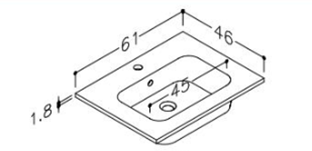 Nordskab badbordplade i porcelæn - bredde 61 cm x dybde 46 cm med hanehul