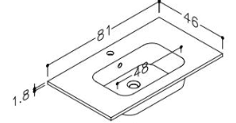 Nordskab badbordplade i porcelæn - bredde 81 cm x dybde 46 cm med hanehul