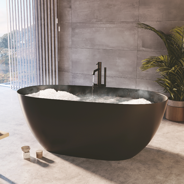 Arden fritstående badekar 1600x740mm, MAT SORT, Velsten støbemarmor to ryglæn u. overløb