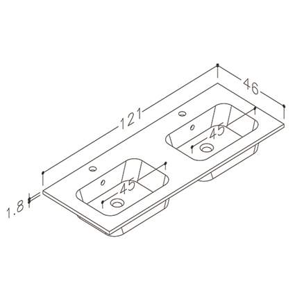 Nordskab badbordplade i porcelæn - bredde 121 cm x dybde 46 cm med to vaske og hanehul