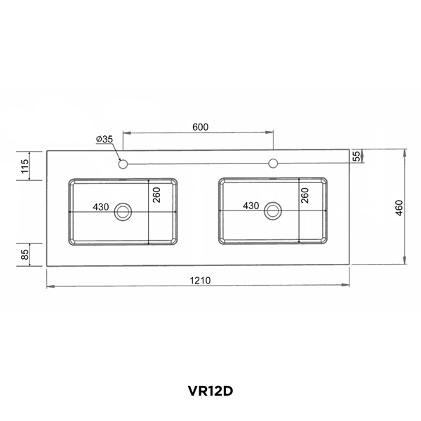 Reno Solid Surface vask, 121 x 46 x 1,2 cm, mat hvid, dobbelt vask