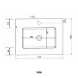 Reno Solid Surface vask, 61 x 46 x 1,2 cm, mat hvid, centreret.