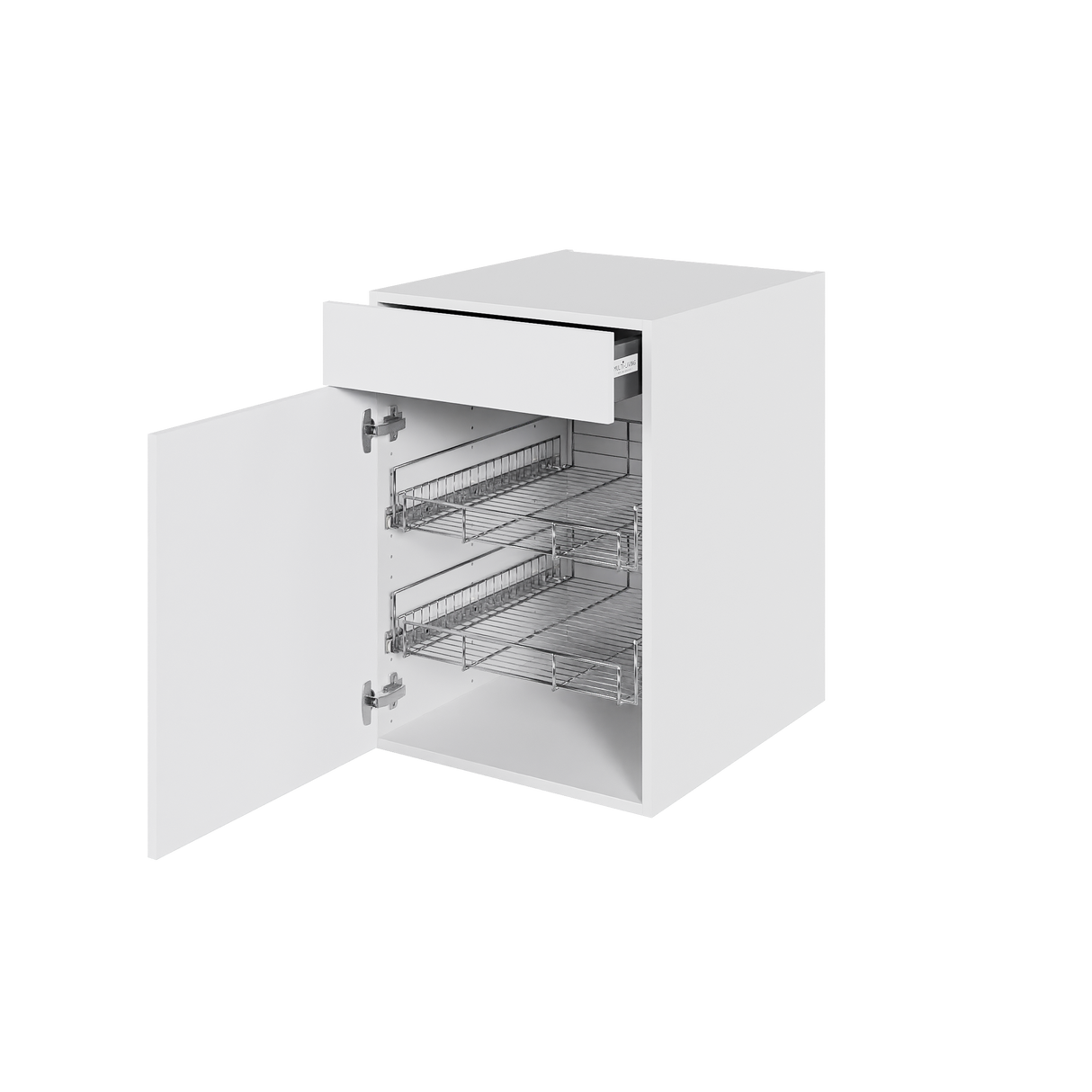 Multi-Living Køkken grydeskab i Hvid Front underskab H: 70,4 cm D: 60,0 cm - 2 udtræksriste 1 låge og 1 skuffe med deludtræk og softluk - Bredde: 50 cm